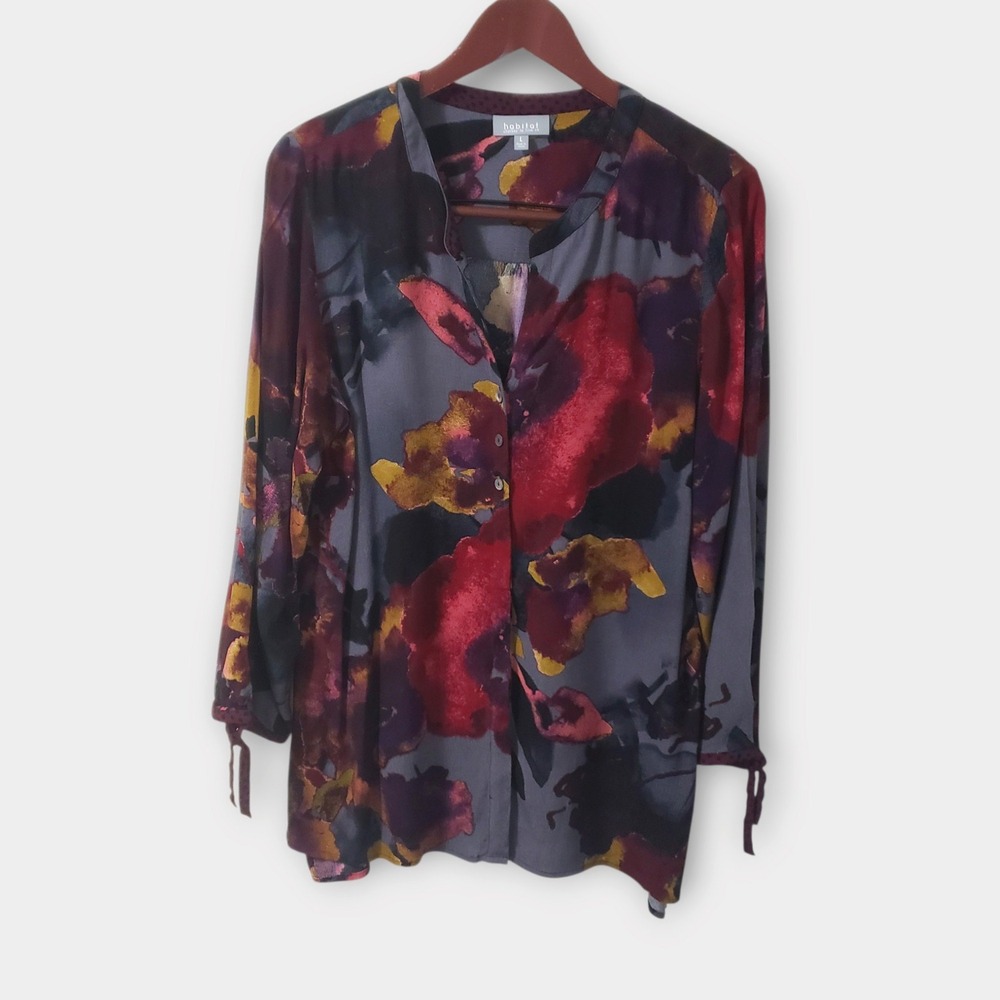 Habitat Clothing Womens Large Floral Abstract Button Front Tunic Top Purple Gray